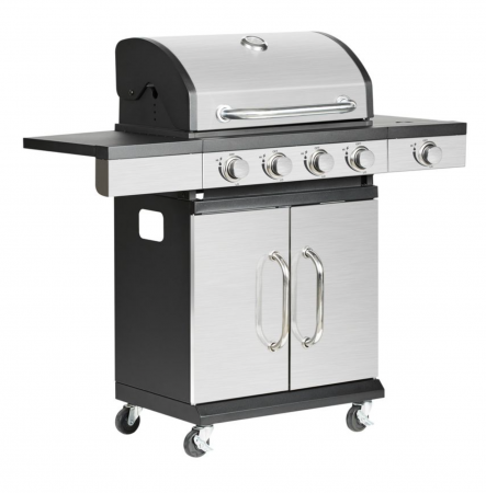 Gratare - Gratar gradina, grill dreptunghiular, cu gaz, 4+1 arzatoare, cu roti, capac, 120x48x110 cm, BBQ Forbes