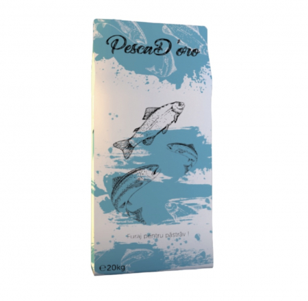 Hrana pentru animale - Hrana uscata pentru pastrav, realizata prin extrudare, granulatie 4 mm( greutate pastrav intre 100g-300g), usor de digerat, EXTRU CAN Pesca D’oro sac 20 kg