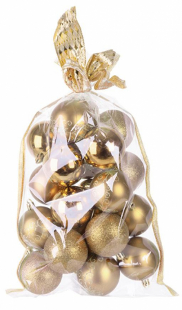 Globuri - Set 20 globuri pentru bradul de Craciun cu ambalaj festiv, diametru 6 cm, auriu, material plastic, MagicHome