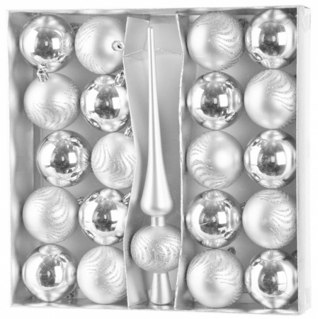 Globuri - Set 21 globuri si varf pentru bradul de Craciun, argintiu, diametru 6 cm, MagicHome