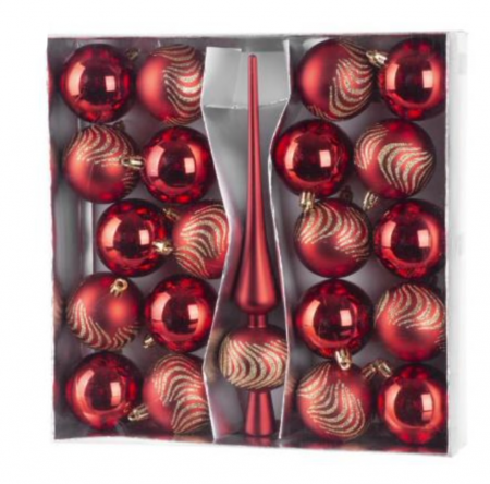 Globuri - Set 21 globuri si varf pentru bradul de craciun,rosii, diametru 6 cm, magic home