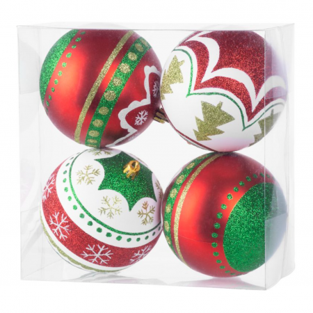 Set 4 globuri pentru bradul de craciun, MagicHome, rosu/alb/verde, 10 cm diametru [0]