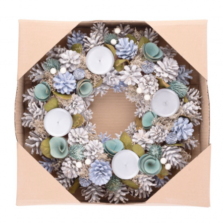 Suport pentru lumanari in forma de coronita decorativa din flori textile si conuri de brad, 38 cm, crem-albastru, MagicHome [1]