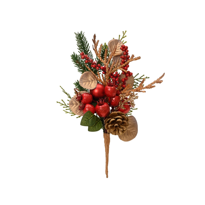 Decoratiune brad crenguta cu frunze si fructe rosii, 26 cm, multicolor - BraziPremium By OLLMA [1]