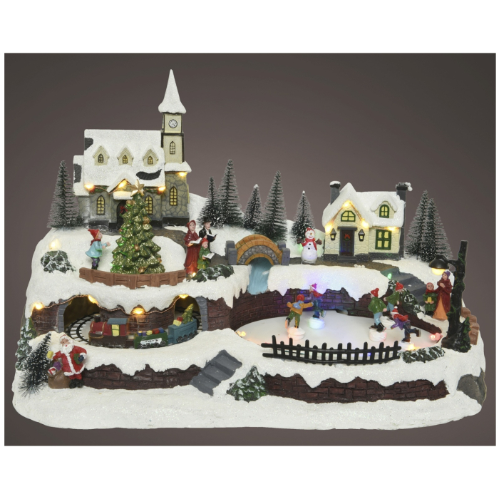 Decoratiune Sat de Craciun animat cu lumini, patinoar si tren rotativ, 25.5x41x25.5 cm, multicolor - BraziPremium By OLLMA [2]