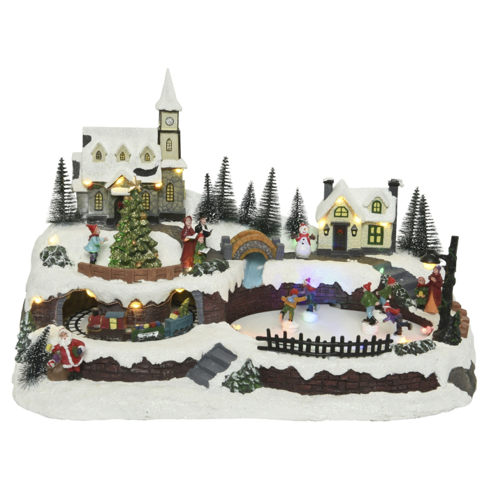 Decoratiune Sat de Craciun animat cu lumini, patinoar si tren rotativ, 25.5x41x25.5 cm, multicolor - BraziPremium By OLLMA [1]