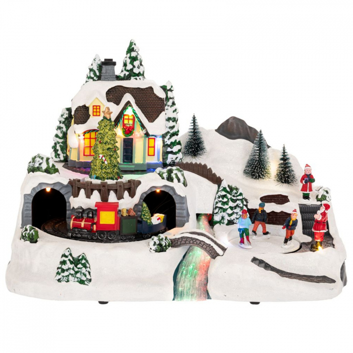 Decoratiune Sat de Craciun animat cu partie de schi si trenulet, 37x22.5x26 cm, multicolor - BraziPremium By OLLMA [1]
