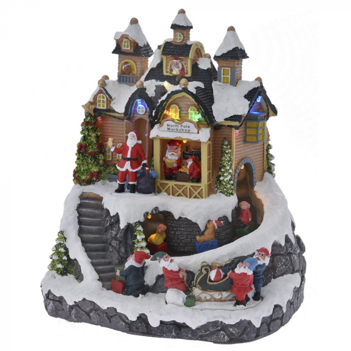 Decoratiune Sat de Craciun model Atelier de Craciun animat cu muzica si lumini, 23x21x28 cm, multicolor  - BraziPremium.ro [1]