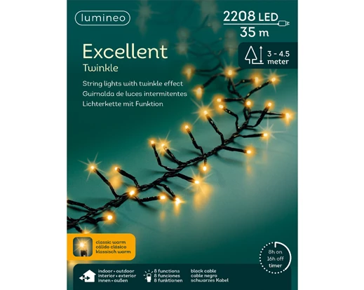 Instalație Lumini LED 2208 Beculețe, 35 m, 8 Funcții Twinkle, Exterior, galben cald, IP44, Transformator Inclus [6]