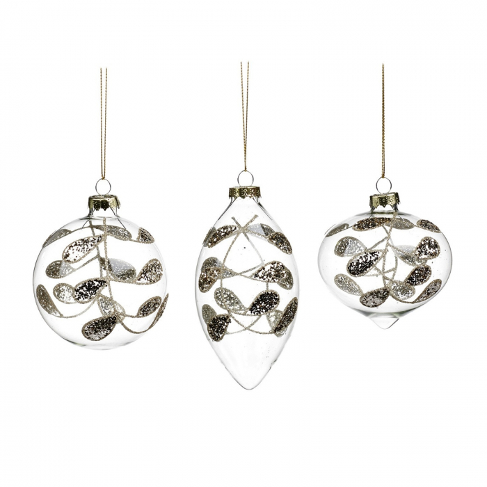 Set 3 globuri brad Craciun Golden Leaves, 8 cm, transparent - BraziPremium.ro [1]