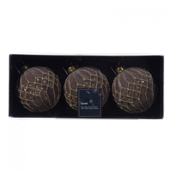 Set 3 globuri brad Craciun flock glitter, 8 cm, sticla, roz blush - BraziPremium.ro [2]