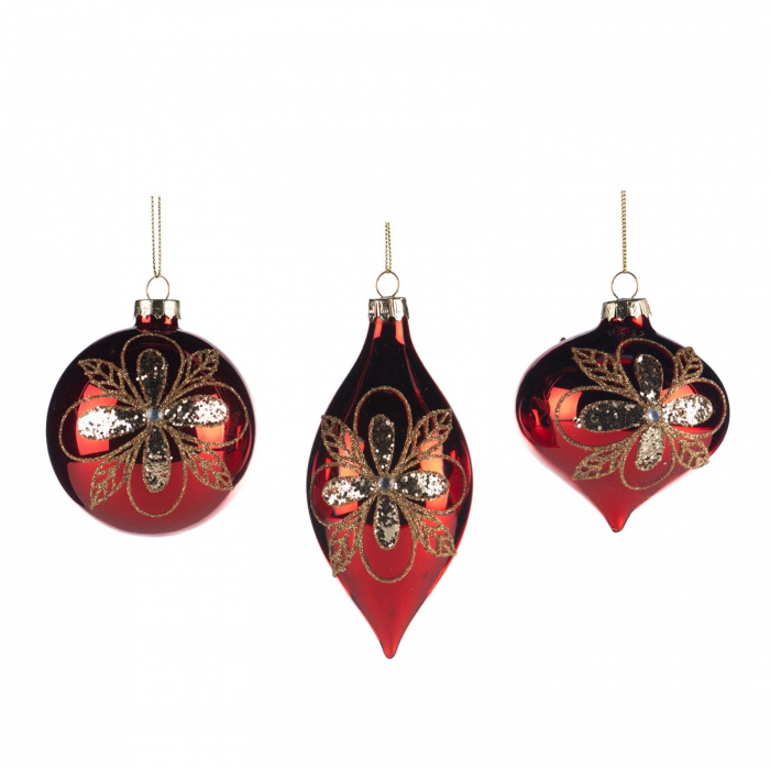 Set 3 globuri brad Craciun Christmas Bloom, 8 cm, rosu - BraziPremium.ro [1]