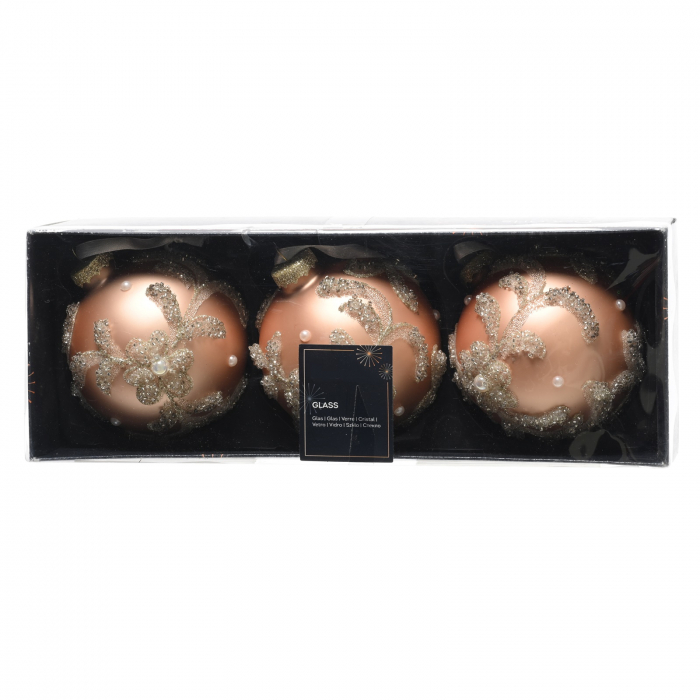 Set 3 globuri pentru brad cu flori si perle, 8 cm, sticla, piersica - BraziPremium.ro [2]