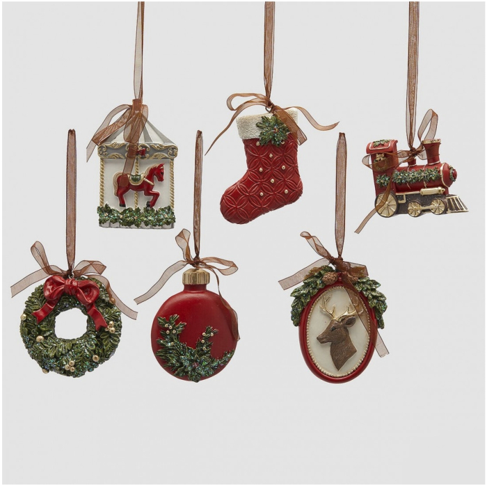 Set 6 ornamente brad Christmas Memories, 9 cm, rosu - BraziPremium By OLLMA [2]