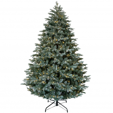 Brazi artificiali verzi - Brad artificial Frosted Mulberry cu aspect inghetat si lumini, PE, 213 cm, 750 leduri - BraziPremium.ro