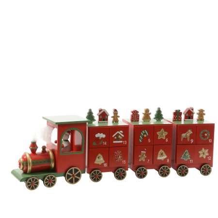 Calendar Advent model Trenulet de Craciun din lemn, 48x9.5x15 cm, rosu - BraziPremium By OLLMA