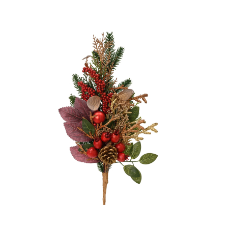 Decoratiune brad crenguta cu fructe rosii, frunze si con, 50 cm, multicolor - BraziPremium By OLLMA