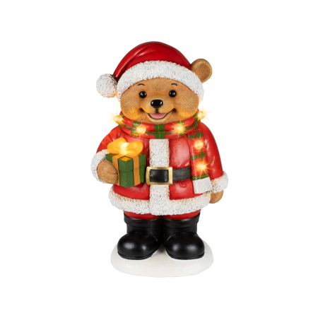 Decoratiuni Craciun pentru Casa - Decoratiune Craciun Urs cu cadou si lumini LED, 22x29.5x49 cm, multicolor - BraziPremium By OLLMA