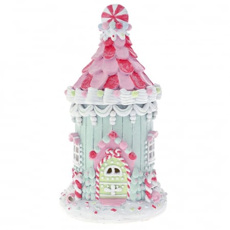 Candy Christmas - Decoratiune Craciun Casa din turta dulce si bomboane cu lumini, 12x12x22 cm, rasina, multicolor - BraziPremium.ro