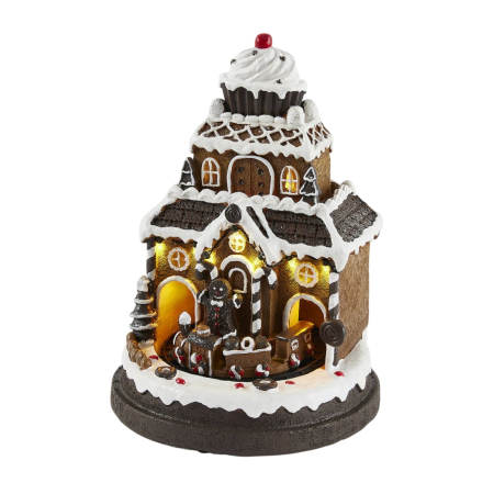 Cadouri Craciun - Decoratiune Craciun Casuta 3D din martipan cu muzica si lumini, 25x19 cm, maro - BraziPremium By OLLMA