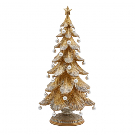 Obiecte decorative - Decoratiune Craciun model Brad cu perle si sclipici, 46x22 cm, auriu - BraziPremium.ro