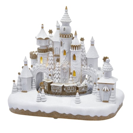 Cadouri Craciun - Decoratiune Craciun Castel 3D din martipan cu muzica si lumini, 34x36x26 cm, alb - BraziPremium By OLLMA