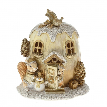 Figurine si animale - Decoratiune Craciun model Casa Dovleac cu lumini, 12x11x14 cm, auriu - BraziPremium.ro