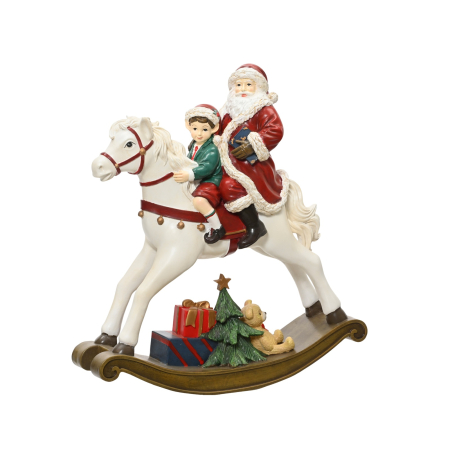 Decoratiune Craciun cal pe balansoar cu Mos Craciun si elf, 34 cm, multicolor - BraziPremium By OLLMA