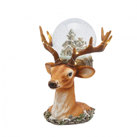 Figurine si animale - Decoratiune Craciun model Cerb cu Glob de zapada si lumini, 23 cm, maro - BraziPremium.ro