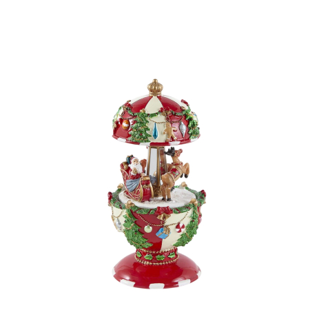 Classic Romance - Decoratiune Cutie Muzicala model Carusel cu Mos Craciun in sanie, 17x8.5 cm, multicolor - BraziPremium By OLLMA