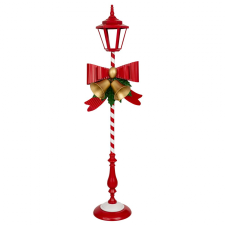 Candy Christmas - Decoratiune Stâlp de iluminat metalic cu fundă roșie și clopoței aurii, 49x32x173 cm, rosu- BraziPremium.ro