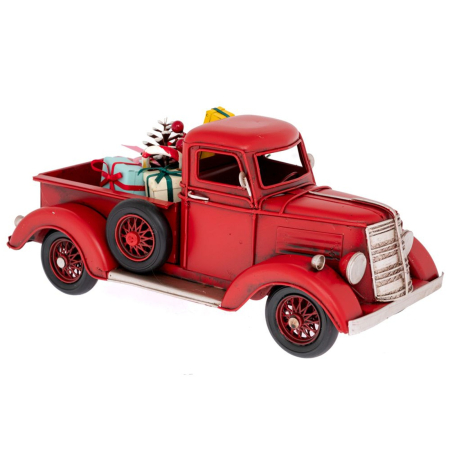 Decoratiuni Craciun pentru Casa - Decoratiune metalica Camioneta Retro cu cadouri, 26x12x12 cm, rosu - BraziPremium By OLLMA