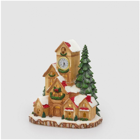 Decoratiune Sat de Craciun cu lumini, casute si ceas, 28x26x17 cm, maro - BraziPremium By OLLMA [1]