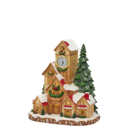 Classic Romance - Decoratiune Sat de Craciun cu lumini, casute si ceas, 28x26x17 cm, maro - BraziPremium By OLLMA