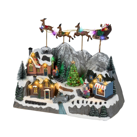 Decoratiune Sat de Craciun cu sanie in miscare, muzica si lumini LED, 19.5x35x27 cm, multicolor - BraziPremium By OLLMA