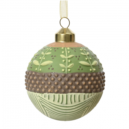 Candy Christmas - Glob brad Craciun imprimeu frunze, 8 cm, sticla, multicolor - BraziPremium.ro