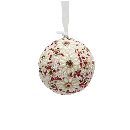 Glob brad Craciun cu flori si margele, 7.5 cm, alb - BraziPremium By OLLMA