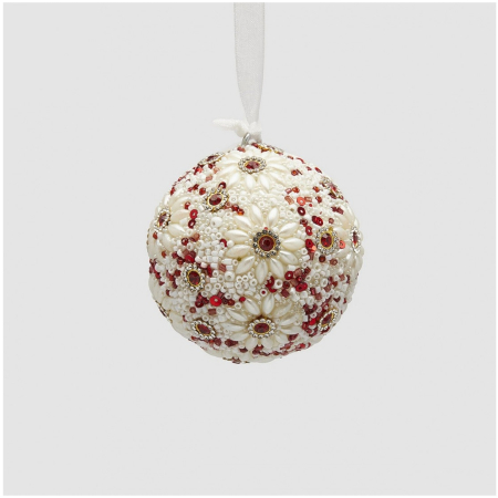 Glob brad Craciun cu flori si margele, 7.5 cm, alb - BraziPremium By OLLMA [1]