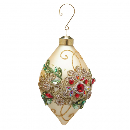 ORNAMENTE BRAD - Glob brad Craciun cu flori si pietre, model lacrima, 13 cm, auriu - BraziPremium.ro