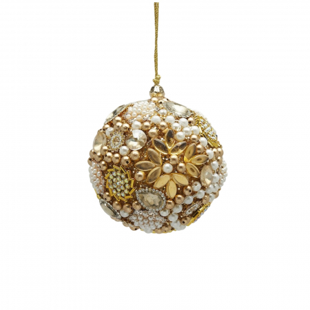 ORNAMENTE BRAD - Glob brad Craciun cu perle si paiete, 8 cm, auriu - BraziPremium.ro
