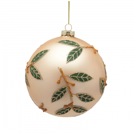 ORNAMENTE BRAD - Glob brad Craciun cu frunze si sclipici, 12 cm, auriu - BraziPremium.ro
