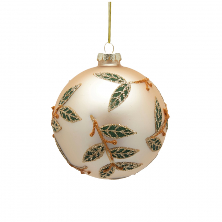 ORNAMENTE BRAD - Glob brad Craciun cu frunze si sclipici, 10 cm, auriu - BraziPremium.ro