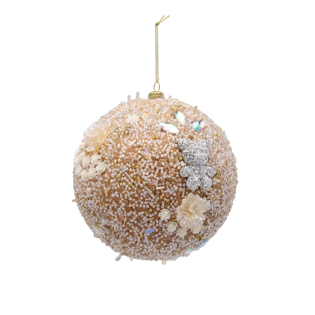 Glob brad Craciun cu margele si flori, 10 cm, auriu - BraziPremium By OLLMA