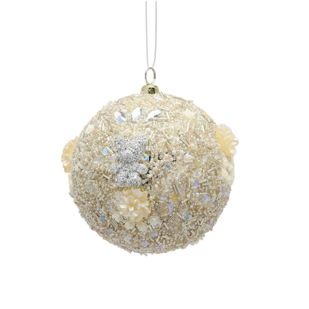 Globuri - Glob brad Craciun cu margele si flori, 10 cm, argintiu - BraziPremium By OLLMA