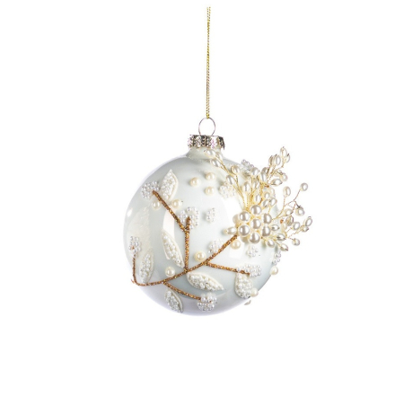 Glob brad Craciun cu perle si flori 3D, model sfera, 10 cm, alb - BraziPremium By OLLMA