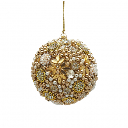 ORNAMENTE BRAD - Glob brad Craciun cu perle si paiete, 10 cm, auriu - BraziPremium.ro