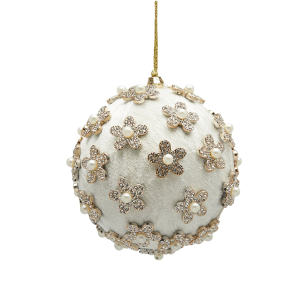 Glob brad Craciun din catifea cu flori si perle, 10 cm, alb - BraziPremium By OLLMA