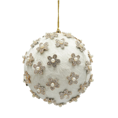 Glob brad Craciun din catifea cu flori si perle, 12 cm, alb - BraziPremium By OLLMA