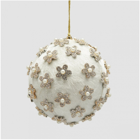 Glob brad Craciun din catifea cu flori si perle, 12 cm, alb - BraziPremium By OLLMA [1]