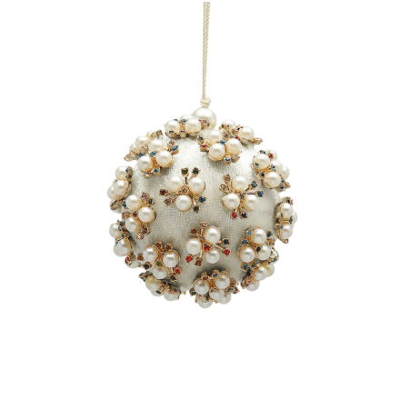 Globuri - Glob brad Craciun Elizabeth cu perle, 8 cm, alb - BraziPremium By OLLMA